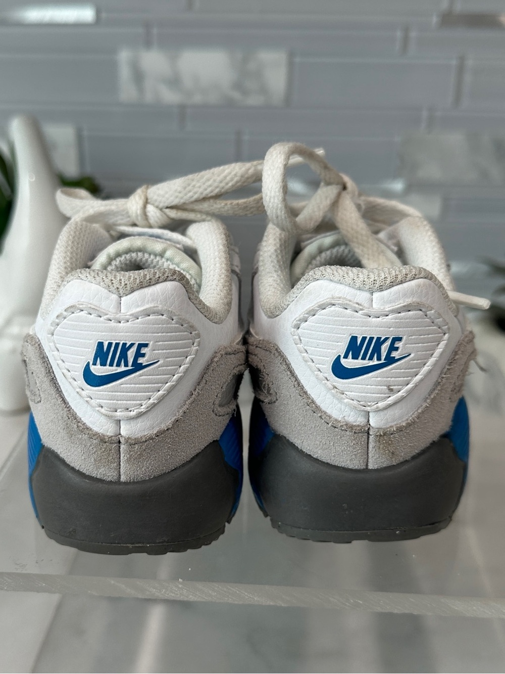 Little Kidโs Nike Air Max 90 LTR White/Grey/Blue Fog Sneakers Size 6C - Picture 4 of 7